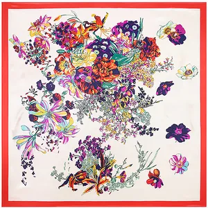 Square silk scarf with floral butterfly pattern and red border on cream background