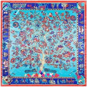 Carré de soie style ethnique avec motifs arbre de vie et éléphants colorés