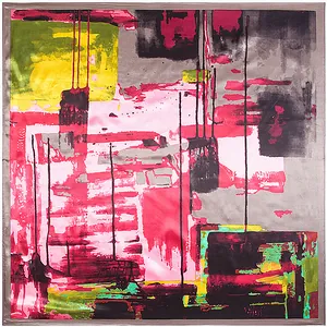 Vue détaillée d'un foulard carré en soie avec des motifs aquarelle abstraits