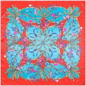 Square silk scarf with red border and blue floral patterns with classic bow design