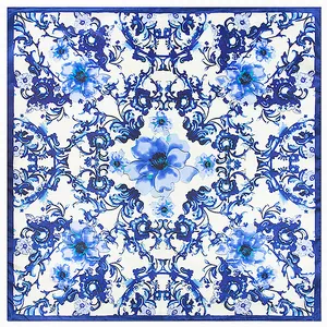 Chinese blue and white porcelain style silk square scarf with baroque floral patterns