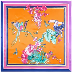 Carré de soie 90x90cm avec motifs tropicaux de toucan et fleurs aux couleurs vives