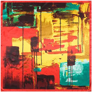 Carré de soie 90x90cm motif peinture abstraite géométrique avec bordure rouge satinée
