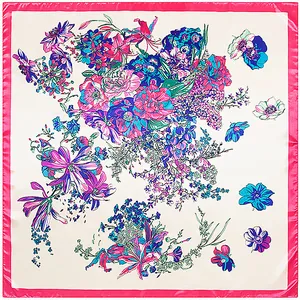 Floral print 90x90cm square silk scarf with cream background and pink border