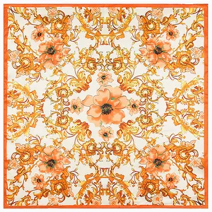 Baroque floral silk square scarf with orange borders and classic golden pattern
