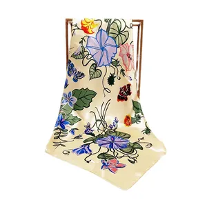 Elegant 90cm cream silk scarf featuring blue morning glory and butterfly floral print