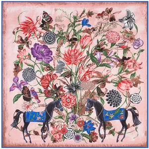 Grote vierkante zijden sjaal met vintage bloemenpatronen en paardenillustraties