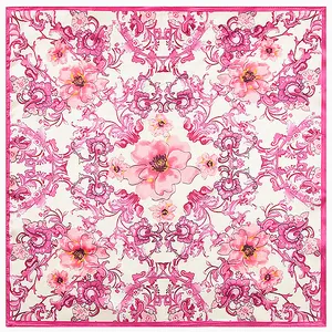 Pink floral satin square scarf with vintage baroque patterns and elegant silk texture