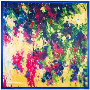 Carré de soie 90cm avec peinture à l'huile rose abstraite et bordure bleu marine