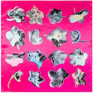 90x90cm silk square scarf featuring vibrant pink background and abstract hand-painted floral art