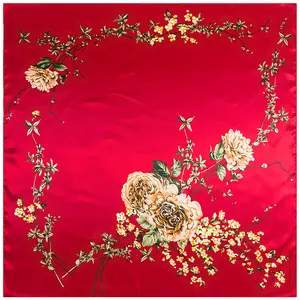 90 cm großes rotes Seidentuch mit traditionellem Rosenmuster und Satin-Finish