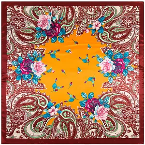 90x90cm square silk scarf featuring bohemian paisley patterns and rose floral designs