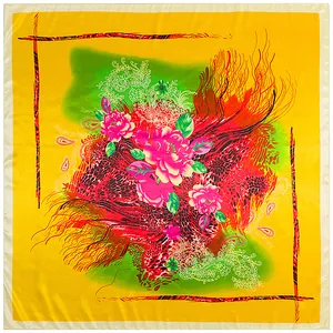 Ethnic yellow square silk scarf with floral paisley patterns and leopard print details