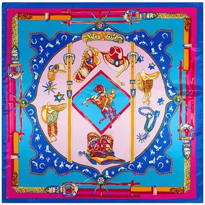 Silk square scarf 90x90cm featuring western cowboy boots and hat patterns in vivid colors