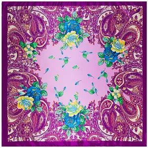 90x90cm square silk scarf with bohemian paisley patterns and blue rose floral prints