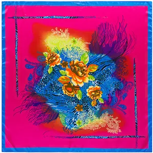 90x90cm floral leopard silk scarf featuring paisley patterns and bright blue borders