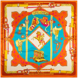 Flat lay of 90cm square silk scarf with orange blue western cowboy and horse motifs