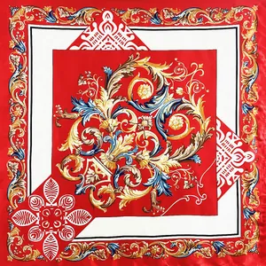 Baroque style red square scarf with golden acanthus patterns and floral motifs