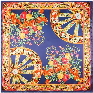 Women Baroque Wheel Floral Print Satin Square Scarf Vintage Silk-Like Head Hair Bandana Neckerchief Elegant Shawl Accessory