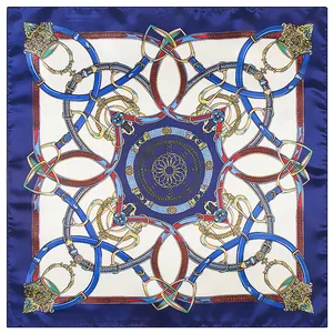 Women Vintage Equestrian Horse Carriage Chain Print Satin Square Scarf Luxury Belt Buckle Pattern Decorative Silk-Look Foulard