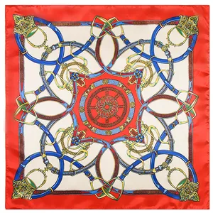 60cm silk-like square scarf with retro equestrian buckle and chain print in red and blue