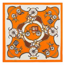 Flat lay of square silk scarf with orange borders and vintage horse carriage pattern