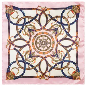 Pink and beige 60x60cm square silk scarf with vintage belt and chain harness prints