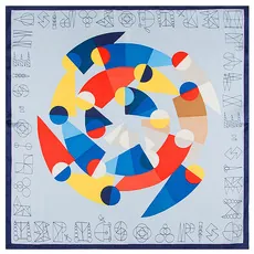 Detailed top view of a light blue square silk scarf with spiral geometric art pattern
