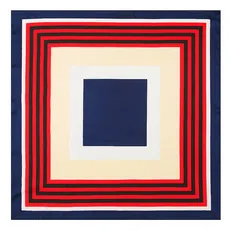 Detailed top view of a 60cm square satin scarf featuring geometric red and navy borders