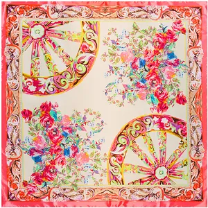 90x90cm floral silk square scarf with vintage wheel pattern and baroque rose design