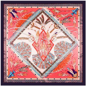 Ethnic bohemian style 90cm square silk scarf with coral orange feather and tassel patterns
