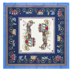 Flat lay of square silk scarf featuring a classic navy and gold European carriage pattern