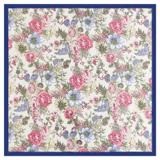 Detail of square silk scarf featuring vintage floral print and navy blue borders