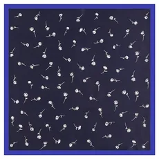 Detail of square satin scarf with navy blue base and delicate white floral patterns