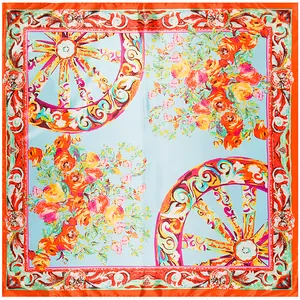 Floral print square silk scarf 90x90cm with vintage wheel patterns and orange border