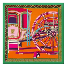 Detail of satin square scarf with vintage carriage print and bold orange border