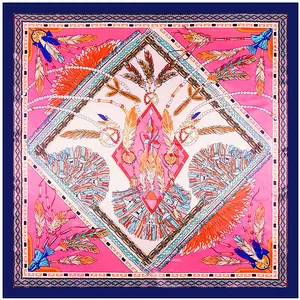 Ethnic 90cm square silk scarf with symmetrical feather patterns and tassels