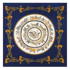 Deep blue silk scarf detail with classical equestrian patterns and golden scrolls