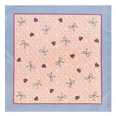 Detail of 60x60cm satin scarf with blue border, pink center, bow and heart patterns