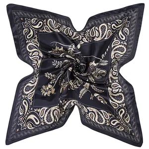 Blue and beige bohemian paisley silk scarf with tree branch pattern in spiral layout
