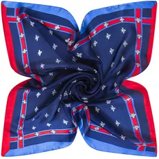 Macro detail of navy silk square scarf featuring bee print and red-blue striped borders