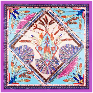Ethnic style 90cm square silk scarf with turquoise base and vibrant feather patterns