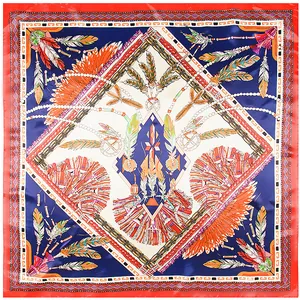 Detailed pattern of ethnic style silk scarf featuring colorful feathers and tribal motifs