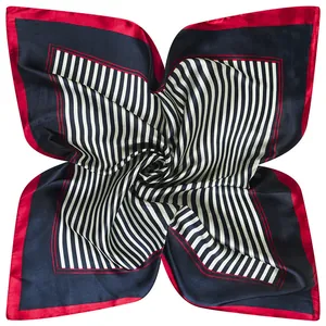 60x60cm striped silk satin square scarf with elegant red border and monochrome pattern