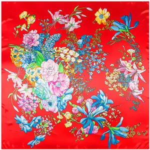 Red 90x90cm floral silk square scarf with vibrant lily and morning glory patterns