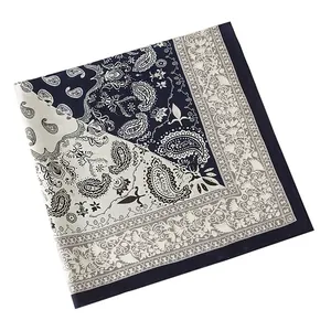 60cm navy paisley floral silk satin scarf for professional women in ethnic style
