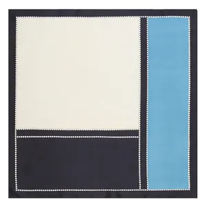Satin silk scarf featuring navy blue and light blue geometric patterns with white dots