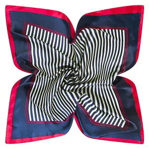 Classic 60x60cm square silk scarf featuring navy stripes and a bold red border design