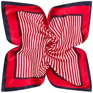 Red and white striped professional square silk scarf with navy blue border for women