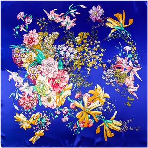 90cm royal blue silk-like square scarf featuring vintage floral print and satin finish